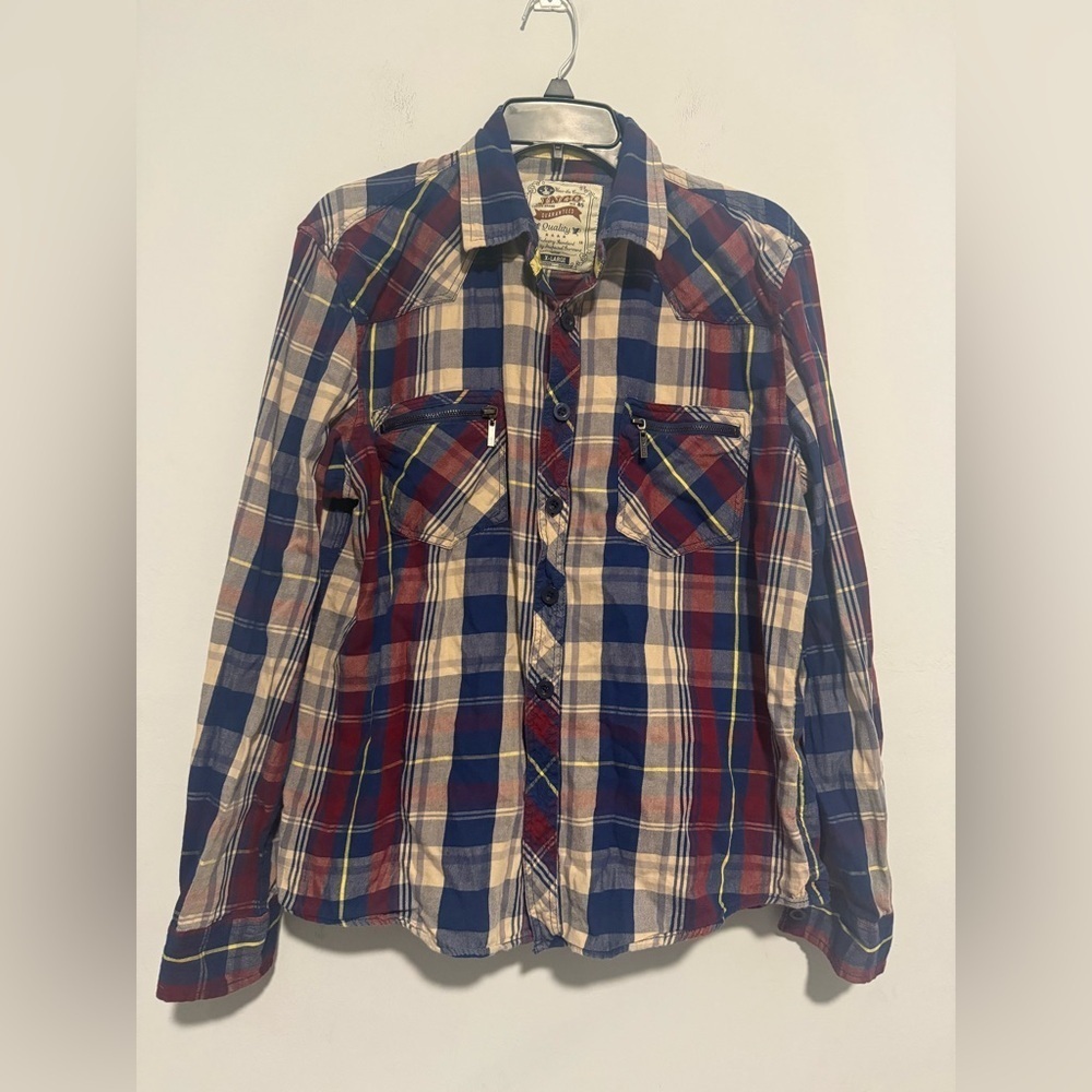 JNCO Men Button Up Shirt XL Multicolor Plaid Flannel Long Sleeve